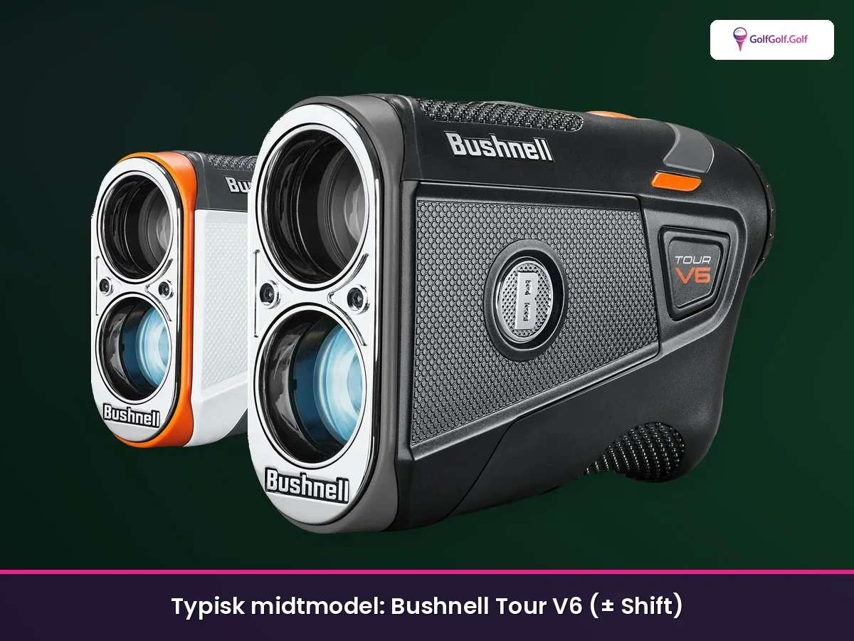 Bushnell Tour V6 og Tour V6 Shift som typisk midtmodel på mørkegrøn baggrund med kort dansk billedtekst.