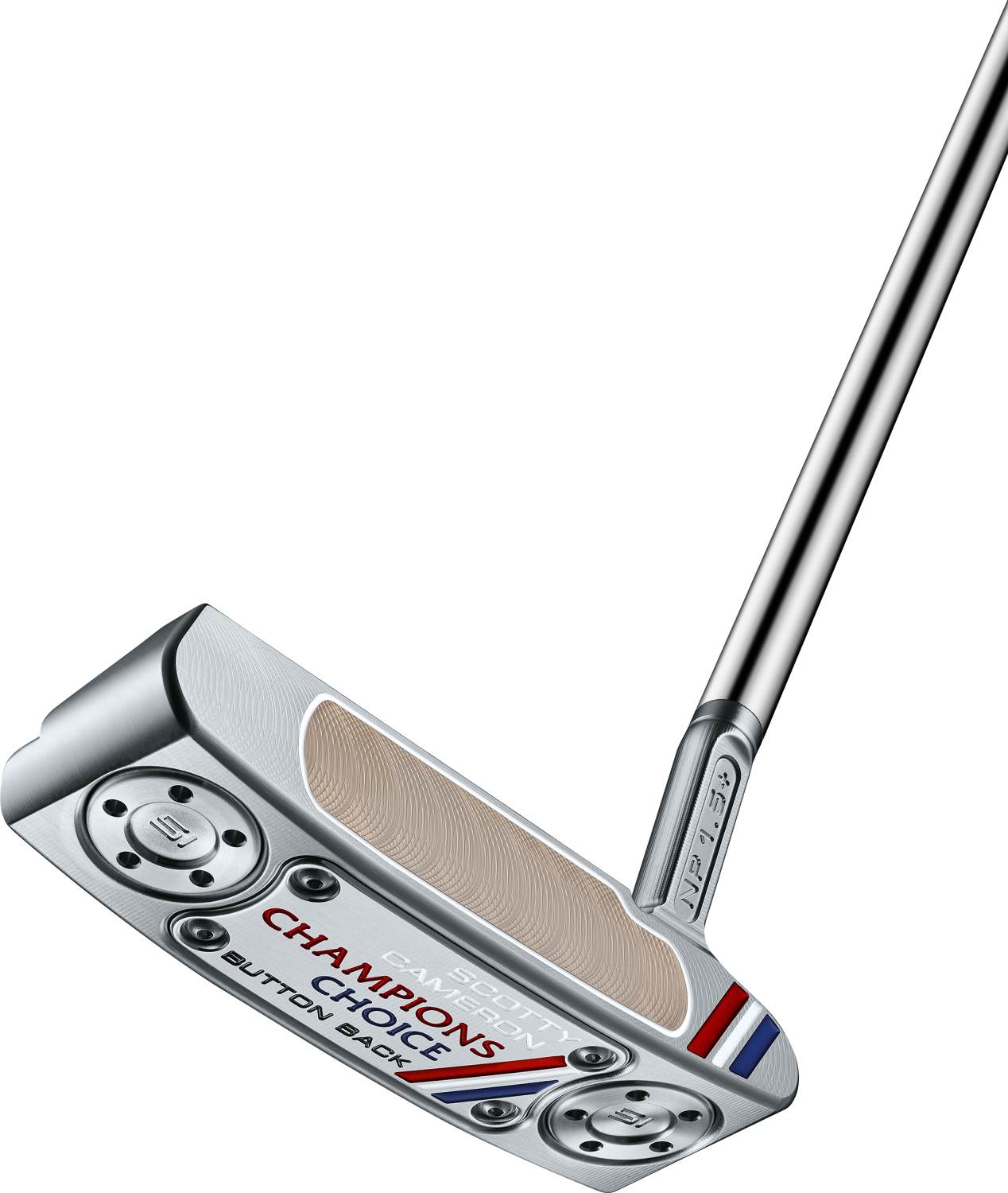 Scotty Cameron Champions Choice Newport 1.5 Plus Button Back (2023) Flow Neck Putter - Chrome - Højre - Str. 34" - Scotty Cameron Pistolini Plus Standard Sort/Hvid/Blå